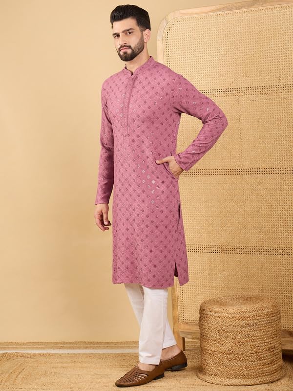 Image of Men's Solid Embroidered Long Straight Kurta | Men's Kurta | Embroidered Chikankari Kurta for Men | Straight Fit Kurta for Men