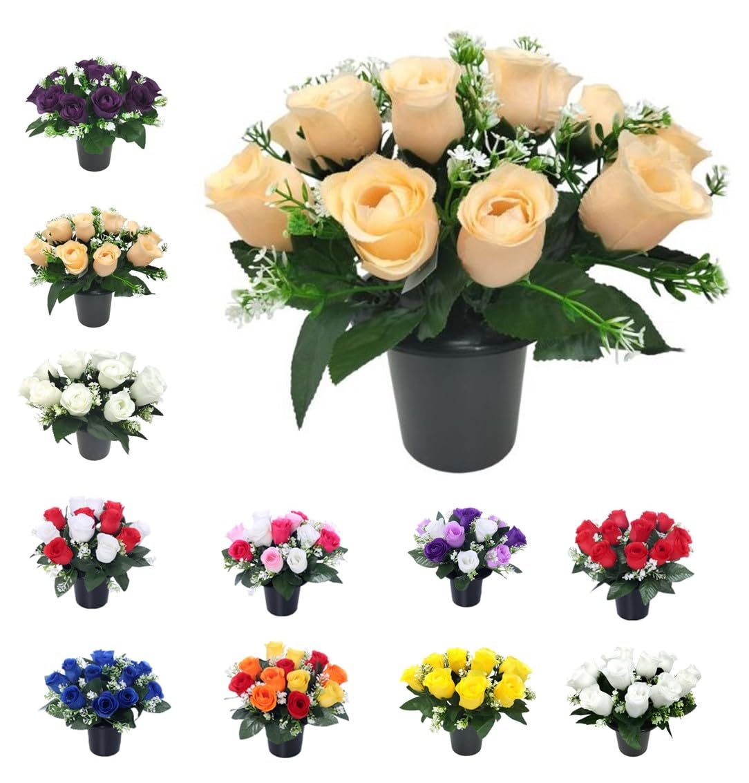 Mr. Barry’s Rose Artificial Flowers in Grave Flower Pots – UV-Resistant, Realistic & Long-Lasting Memorial Display for Cemetery, Grave Decorations, Funerals, Home & Garden Arrangements (Peach) — image 1