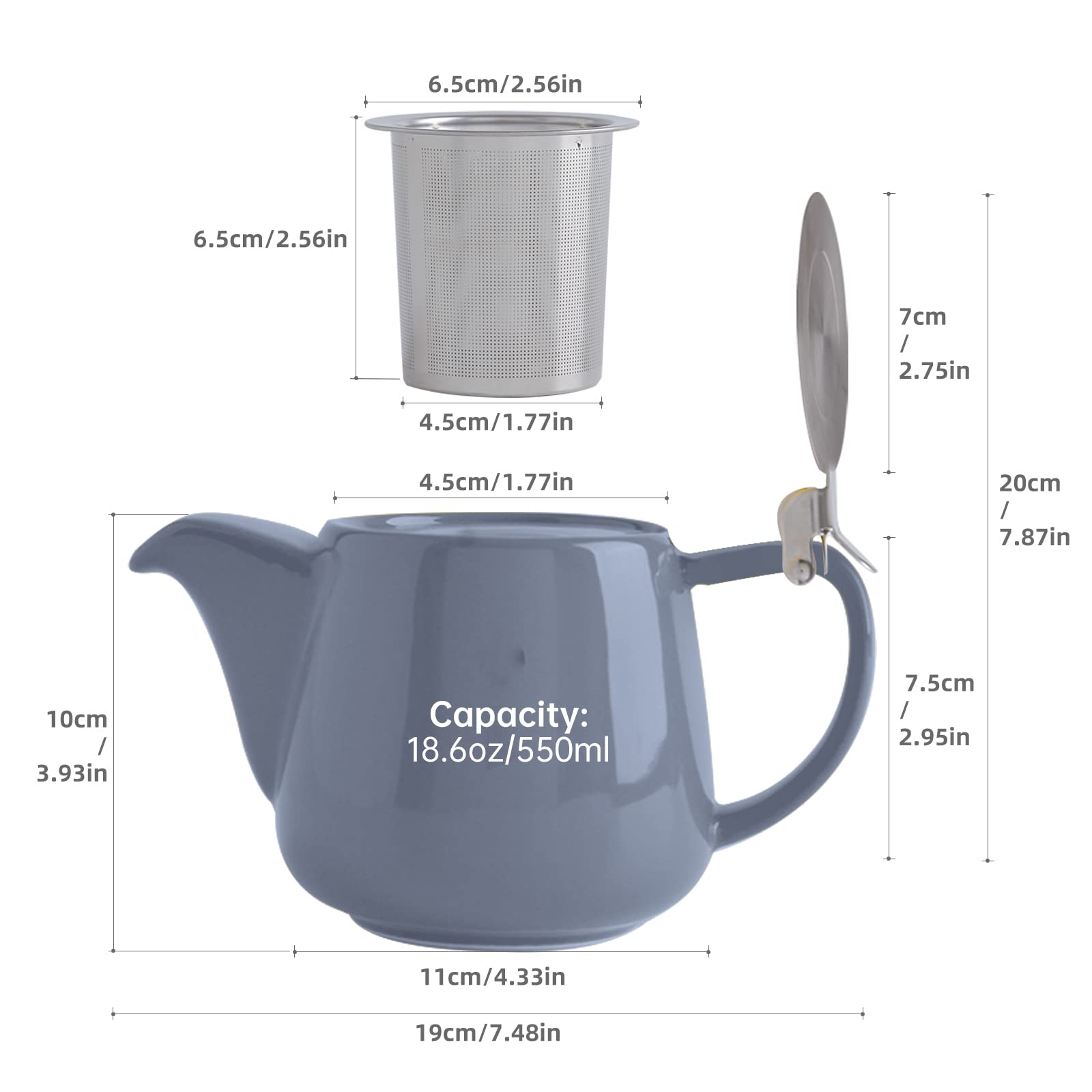 VIVILINEN Teiera con Infusore Rimovibile e Coperchio in Metallo da 550ml, Teiera in Ceramica per Tè in Foglia e Tè Sfuso