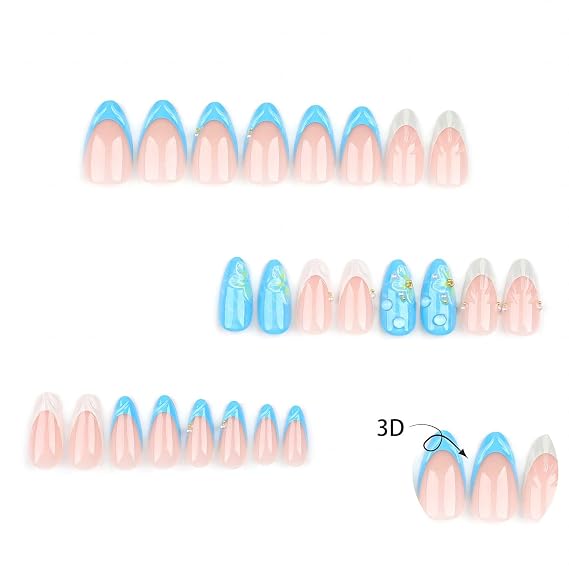 RikView Almond Press on Nails Medium Fake Nails French Tips Nails with 3D Design Blue Nails Glossy Full Cover Nails 24 PCs/Set