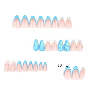 RikView Almond Press on Nails Medium Fake Nails French Tips Nails with 3D Design Blue Nails Glossy Full Cover Nails 24 PCs/Set