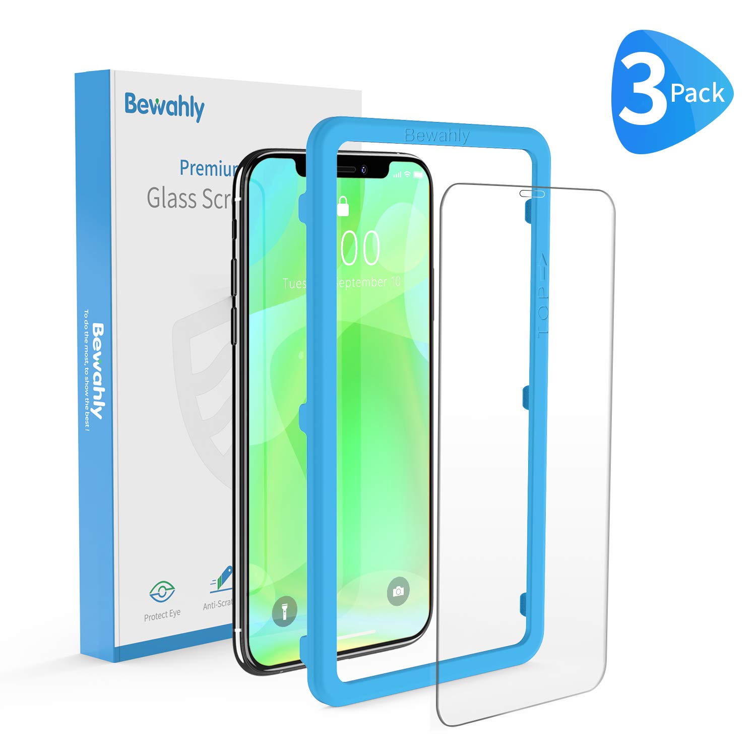 Bewahly Vetro Temperato iPhone XS Max/11 Pro Max [3 Pezzi], Pellicola Protettiva in Vetro Temperato con Kit di Installazione per iPhone XS Max (6,5 pollici) [9H Durezza, Alta Definizione, Trasparente