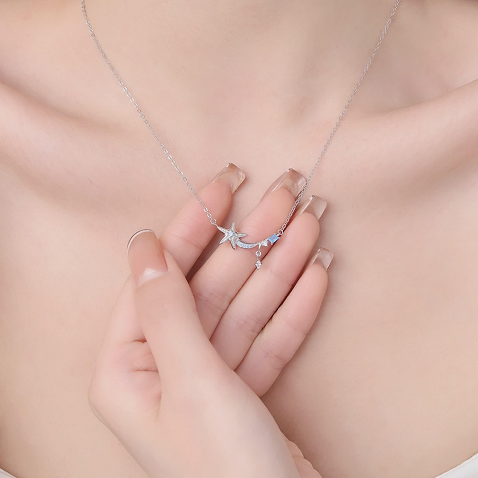 Collar para mujer con colgante de oro blanco Au 375/585/750, estrella de mar con topacio de corte rectangular azul, 9 K/14 K/18 K, oro blanco, 40 + 5