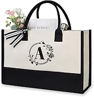 Vista 333 de TOPDesign Personalized Initial Canvas Beach Bag, Monogrammed Gift Tote Bag for Women Negro y marrón