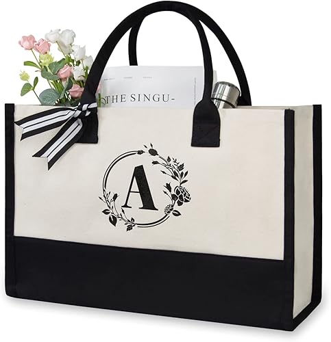 TOPDesign Bolsa de lona con iniciales, bolsa de regalo personalizada, adecuada para bodas, cumpleaños, playa, vacaciones, es un gran regalo para