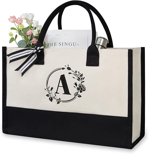 TOPDesign Initial Canvas Tote Bag, Personalized Present Bag, Suitable for Wedding, Birthday, Beach, Holiday, is a Great Gift for Women, Mom, Teachers, Friends, Bridesmaids (Letter A)