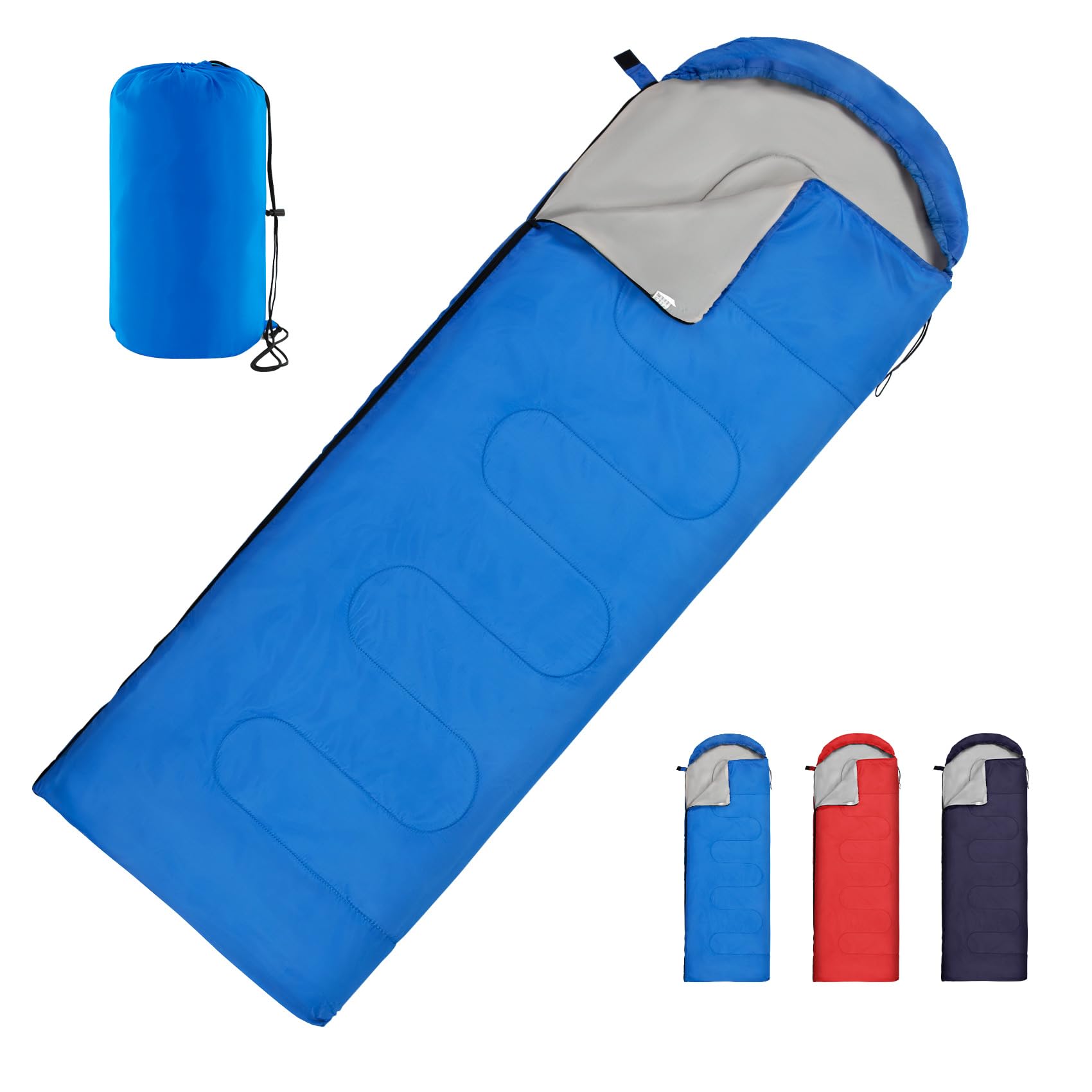 Sac de Couchage pour Adultes et Enfants, Léger, 3 Saisons | Portable, Déperlant, Robuste et Compact, avec Capuche et Fonction Couverture 2-en-1 pour Randonnée, Voyage et Sieste