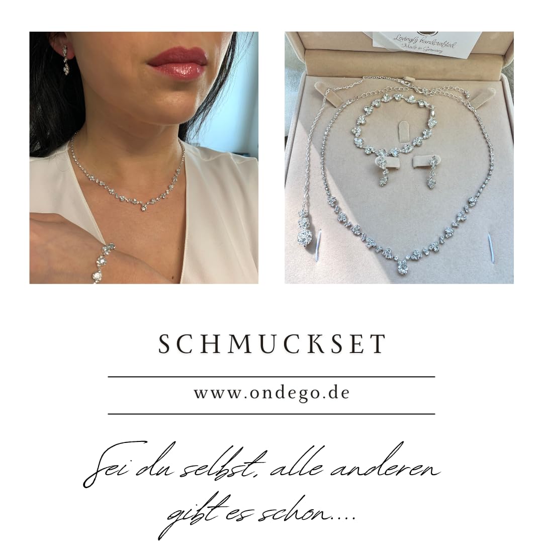 Brautschmuck Set Silber, Halskette 38-48cm, Rückenkette 23cm, Armband 18,5cm, Ohrringe 2,5cm mit Strass