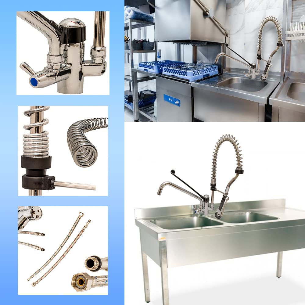 GOLDMAN SERVICE Industrial Miscelatore monocomando con leva a gomito lungo + Irrigatore spray + Beccuccio alto. Uso Ristorazione, Medico, Gerontologico