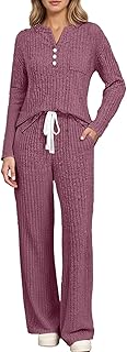 Pajamas for Women Set 2 Piece Matching Lounge Sets Long Sleeve Knit Top Wide Leg Pant Pjs Set Sleepwear Loungewear Sweatsuits