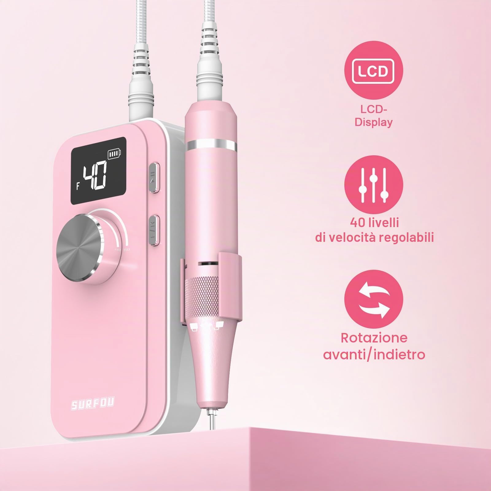 SURFOU Fresa per Unghie 40000 Giri/min, Lima Elettrica Senza Fili Ricaricabile 4000mAh, Velocità Regolabile, Silenziosa e a Basse Vibrazioni, Display LCD, per Gel, Acrilico e Naturali