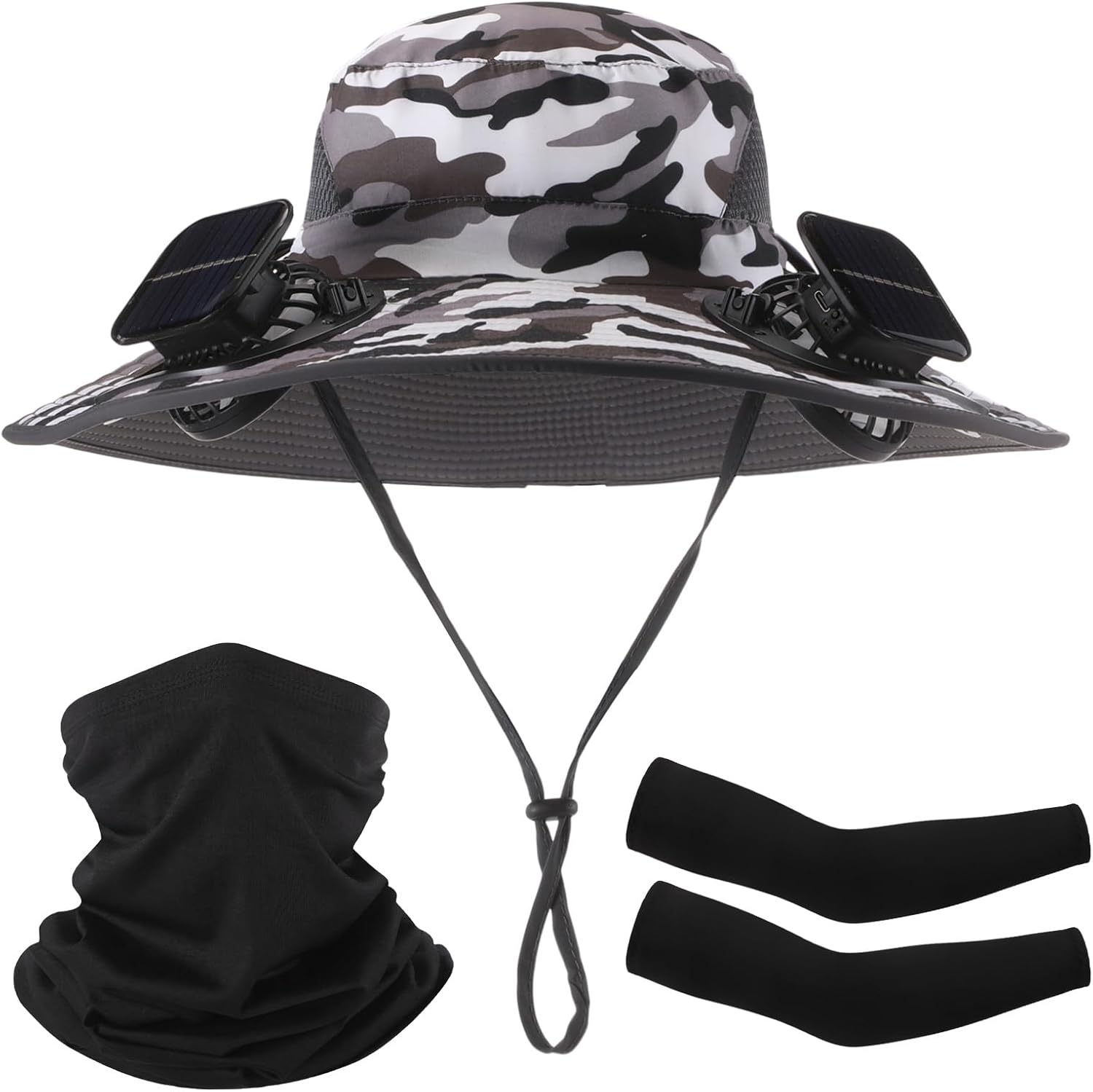 Syhood Solar Fan Hat, Wide Brim Sun Hat with 2 Fans Built in, Neck Gaiter, Arm Sleeves Cooling Fishing Hats for Men Outdoor