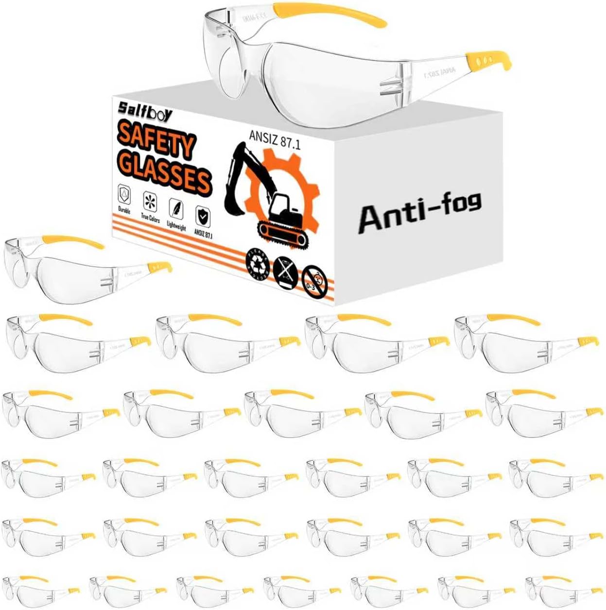 Anti Fog Wraparound Safety Glasses Bulk, ANSI Z87.1 Certified for Construction, Yard Work, Laboratories