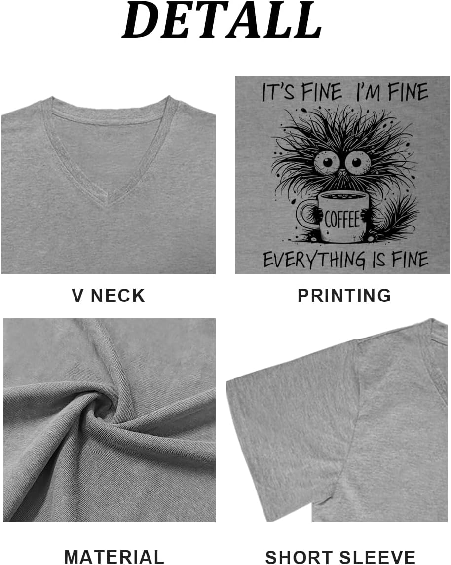 Women's I'm Fine Everything is Fine Short Sleeve Funny V Neck T Shirts Casual Cute Cat Graphic Tee Blouse Tops - Image 4