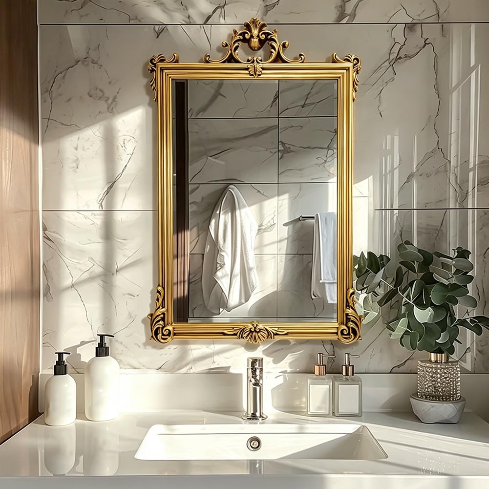 Lustro łazienkowe W Stylu Vintage 60x90 cm HD | Ozdobna Lekka Rama z PU, do Salonu Jadalni Przedpokoju, Podkreślająca Estetykę Wnętrza