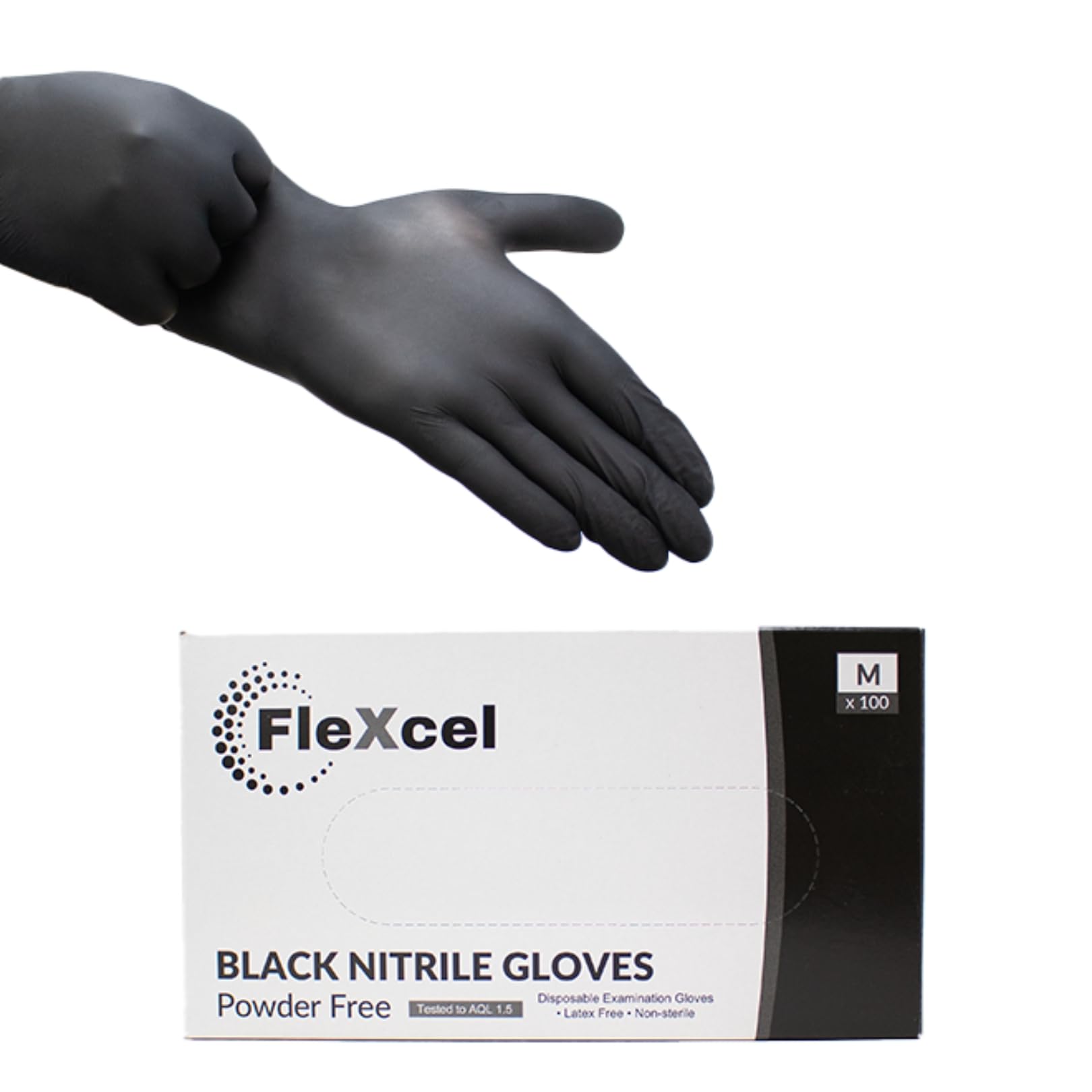 FleXcel Powder Free Nitrile Gloves, Black, Small - Medical-Grade, Latex-Free, Food Safe (Box of 100)