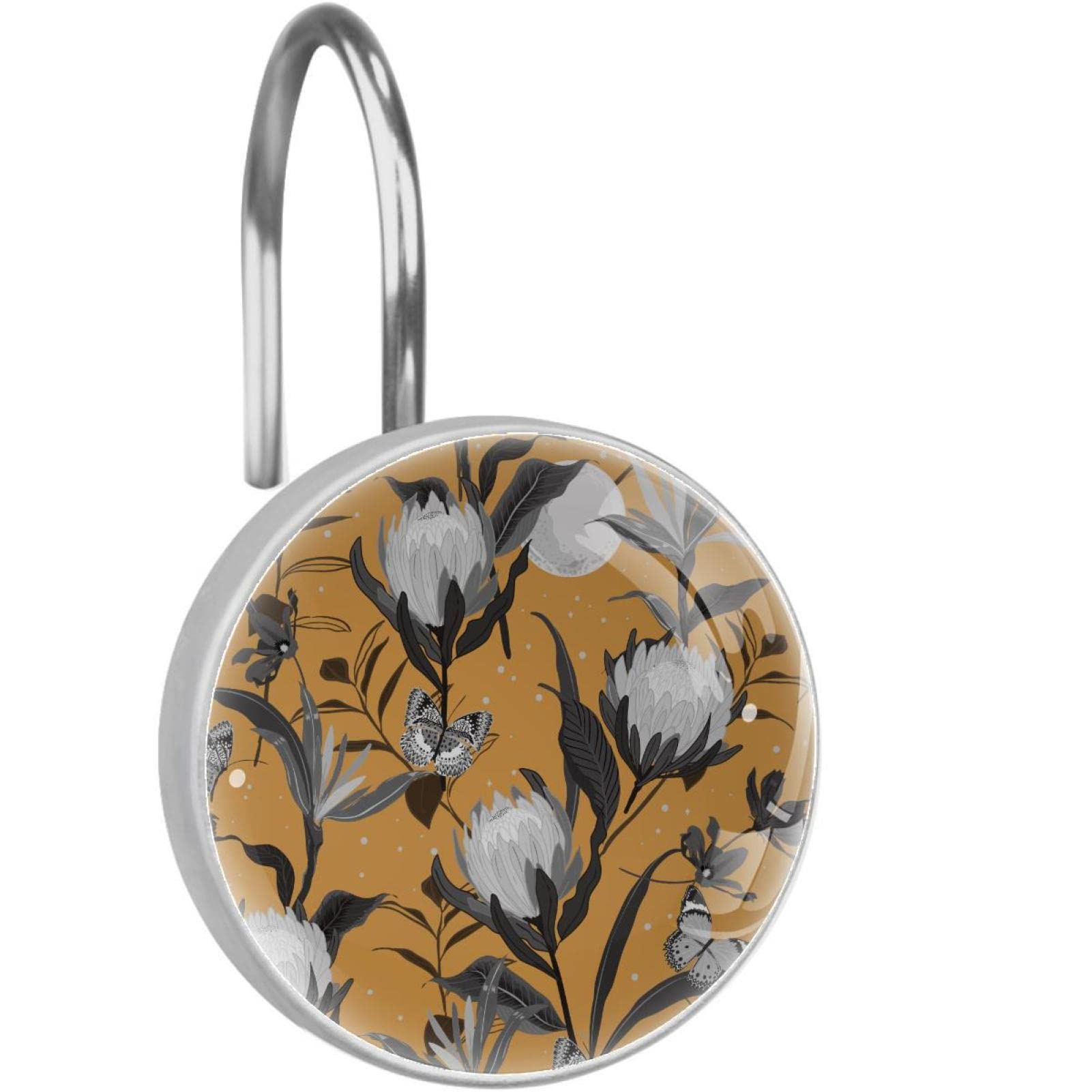 Crochets de rideau de douche en acier inoxydable avec motif fleurs de Protea - Lot de 12