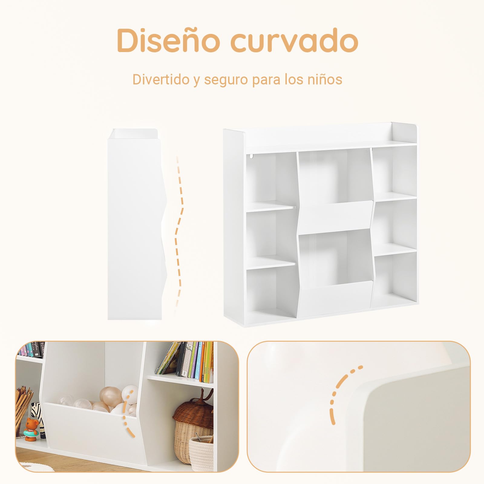 SoBuy Librería Infantil Estantería Montessori con 6 Estantes y 2 Compartimientos Organizador Juguetes Almacenaje para Libros Muebles habitación Blanco 106x30x104 cm KMB55-W