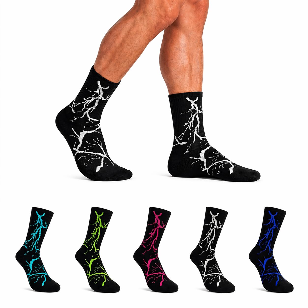 PEASANO ENTERPRISE Lightning Bolt Pattern Crew Socks, Black, Multicolour Options-image-27