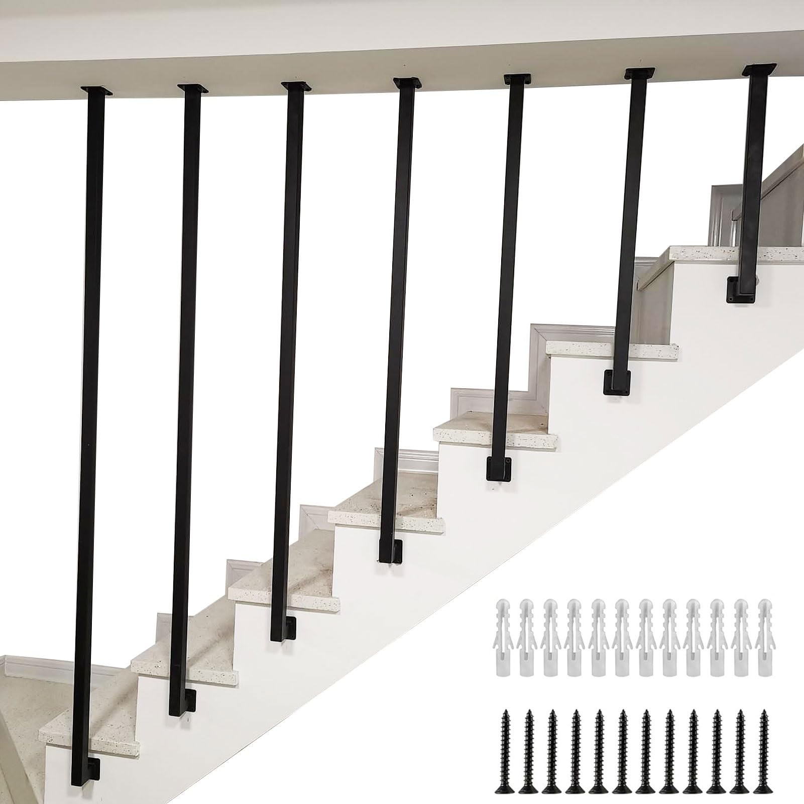 Drsyffsup Square Stair Handrail - Complete Kit. Indoor and Outdoors Staircase Handrail Guardrail, Galvanized Pipe Banister - Corridor Attic Step Fence, Stair Railings Safety Hand Rail(4 FT)