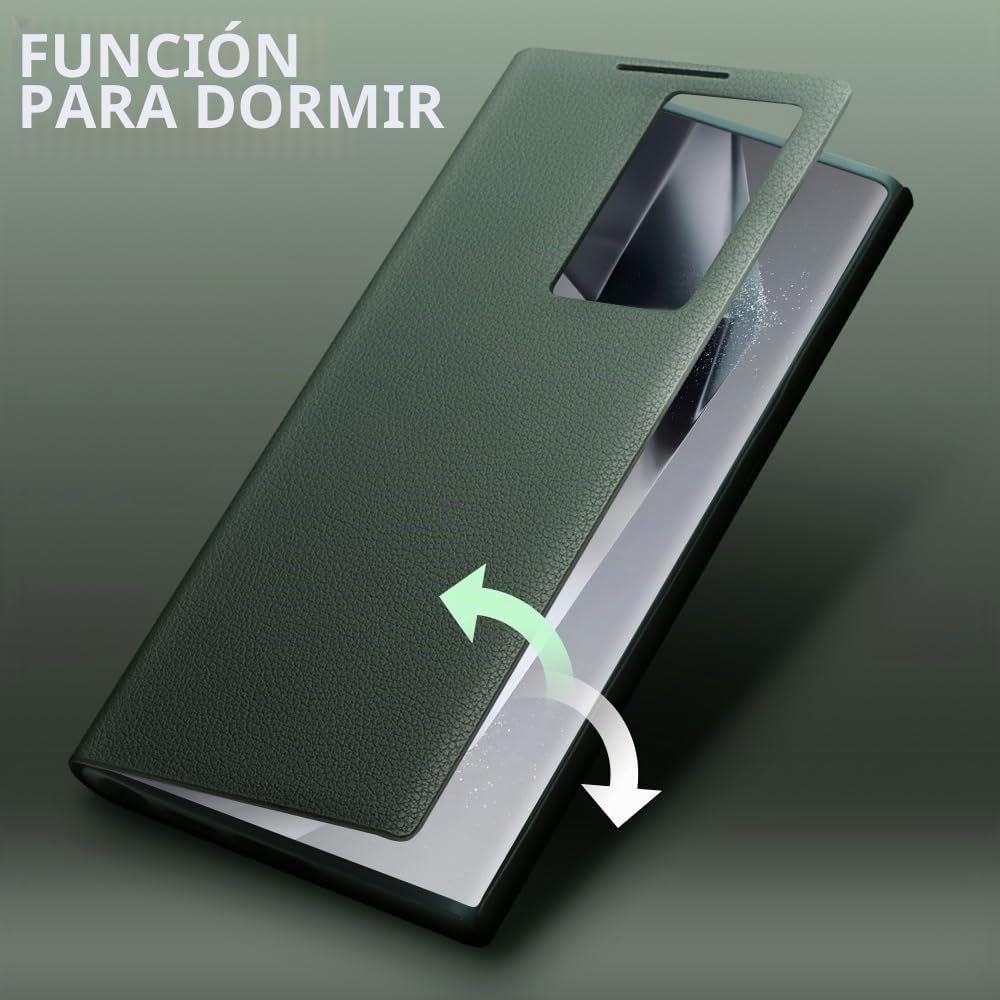 Funda inteligente de cuero genuino para Samsung Galaxy S23 Ultra, funda de teléfono ultraligera con Smart View para S23 Ultra (solo para S23 Ultra, verde)