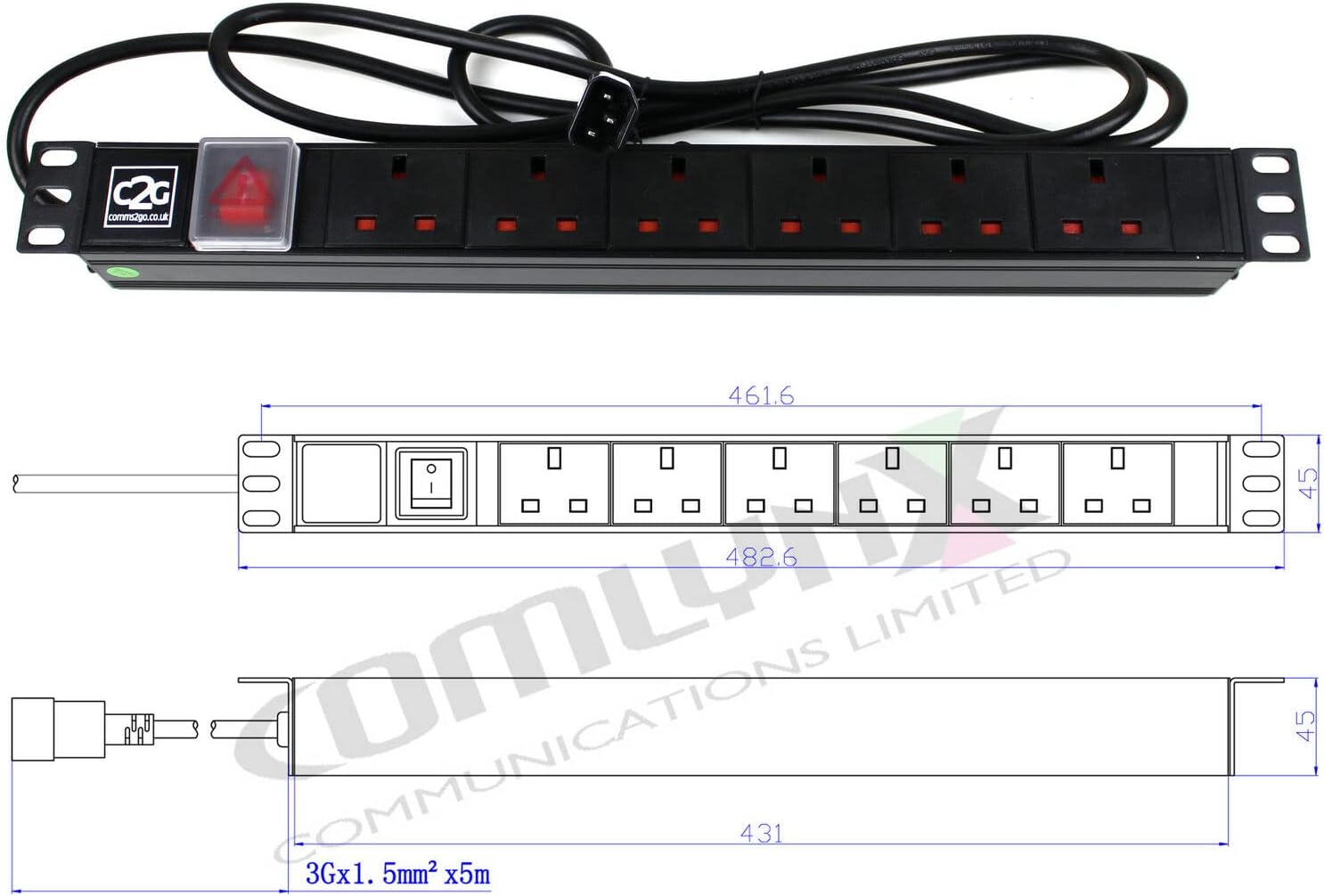 5M LEADED 19'' 6 Way UK Power Distribution Unit + IEC C14 UPS PLUG Mains Extension PDU Rack