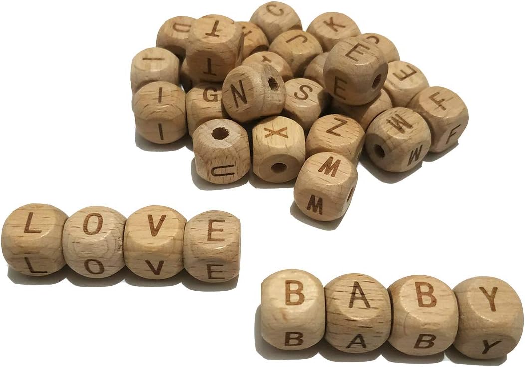 104pcs Square Wood Alphabet Letter Beads 12MM Natural Beech Wooden Letter Character Beads for Jewelry Toys Making DIY Mom Mak Name Necklace