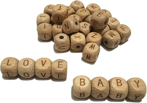 52pcs Square Wood Alphabet Beads 12MM Natural Beech Wooden Letter Beads for Jewelry Making DIY Woman Lanyard Wood Letter 52pcs