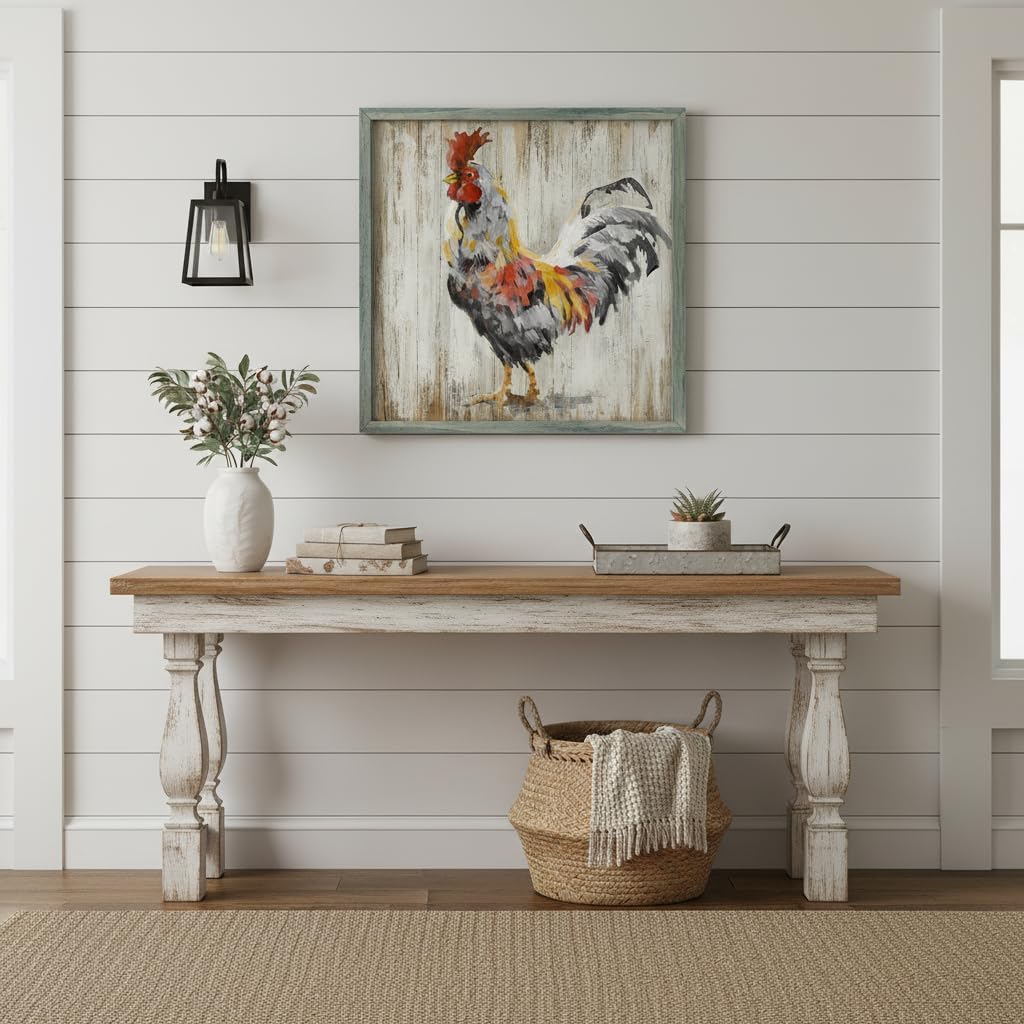 Rustic Wall Art Farmhouse Picture: Chicken Wooden Framed Print Rooster Farm Kitchen Painting Decor Vintage Country Animal Artwork for Home Living Room Bedroom 24 x 24 Inches