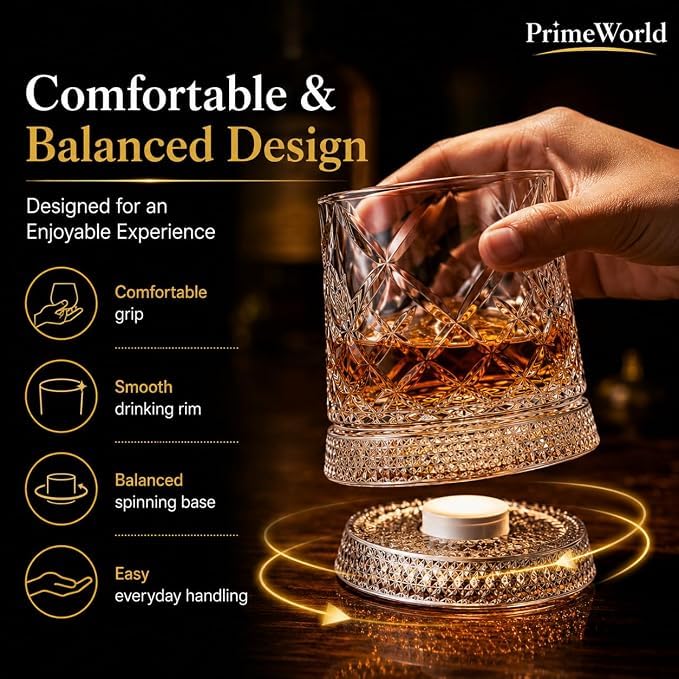 Image of PrimeWorld Diamond Cut Rotating Whiskey Glasses - Set of 6 | 300ml 360 Spinning Old Fashioned Tumblers | Premium Crystal Clear Lead-Free Rocks Glasses for Whiskey, Scotch, Bourbon, Brandy, Rum
