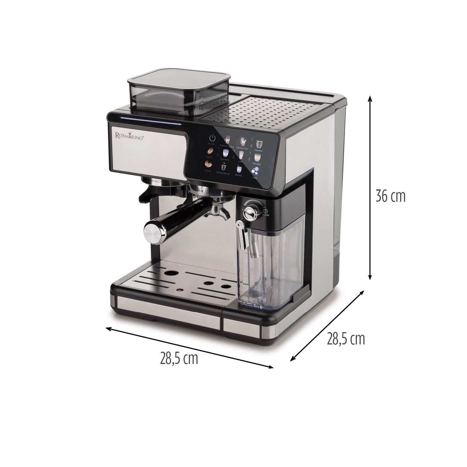 ROSMARINO W pełni automatyczny ekspres do kawy z młynkiem, pompa 20 bar, automatyczny spieniacz do mleka, Touch Control, zbiornik na wodę 2,6 l, espresso Cappuccino Latte, samoczyszczący, czarny