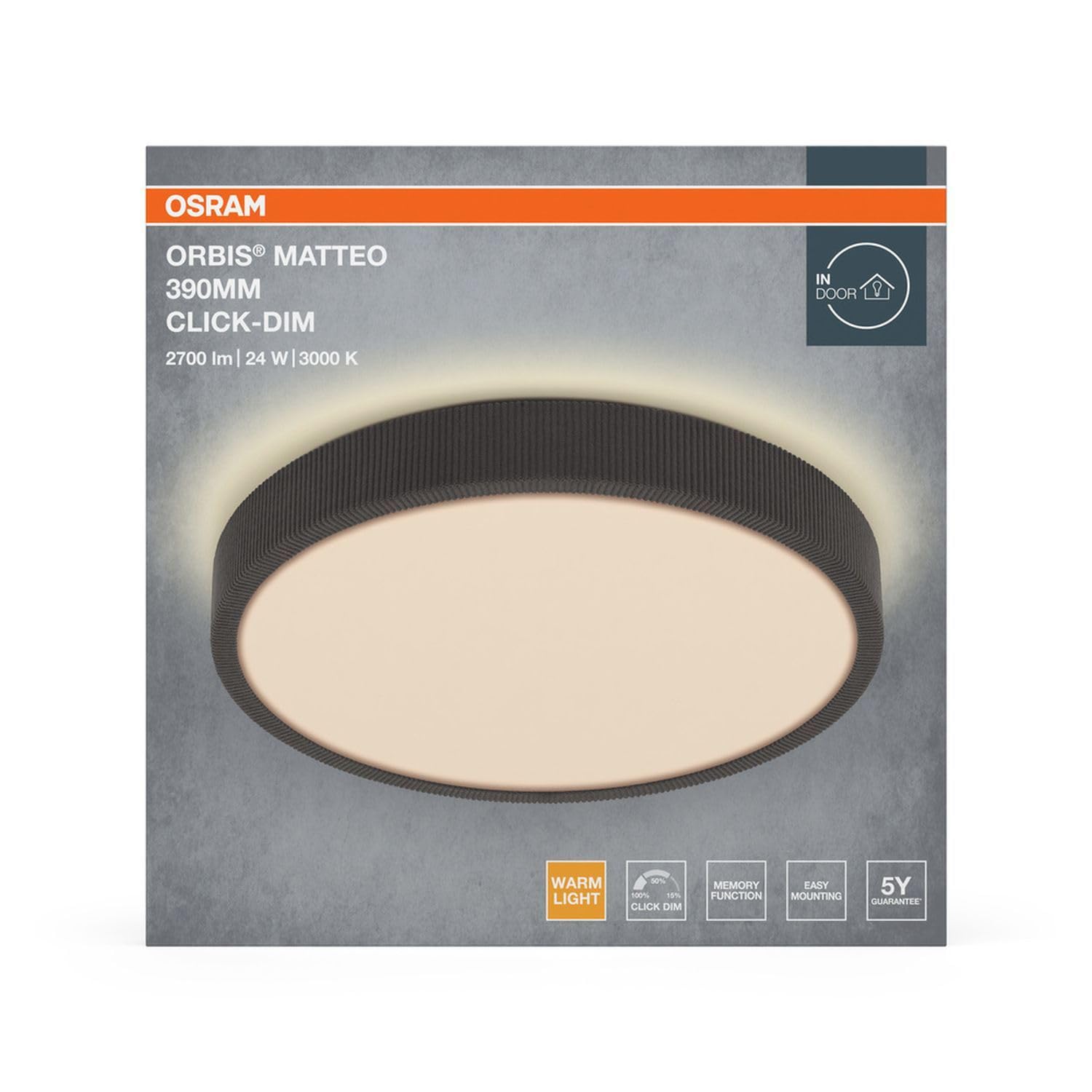Licht-Erlebnisse LED Deckenleuchte Metall Stoff Grau 3000 K Click-DIM modern gemütlich Schlafzimmer Flur Essbereich Ø39 cm runde Deckenlampe Büro