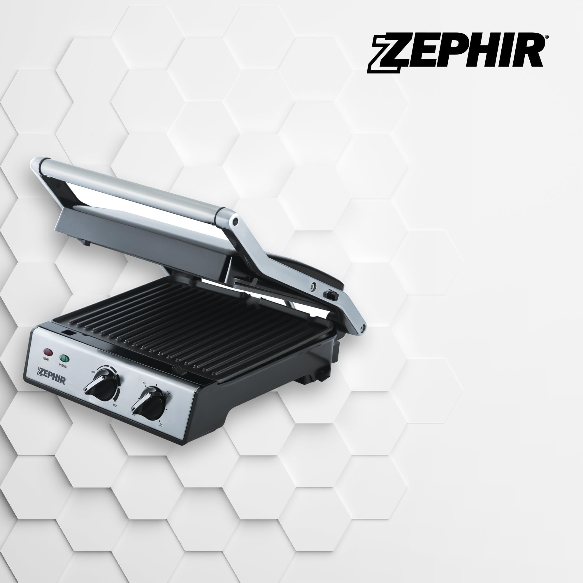Zephir Bistecchiera Elettrica 2000W con Timer 30 Minuti, Piastre Antiaderenti Amovibili, Apertura 180°, Piastra Regolabile in Altezza, Raccolta Grassi