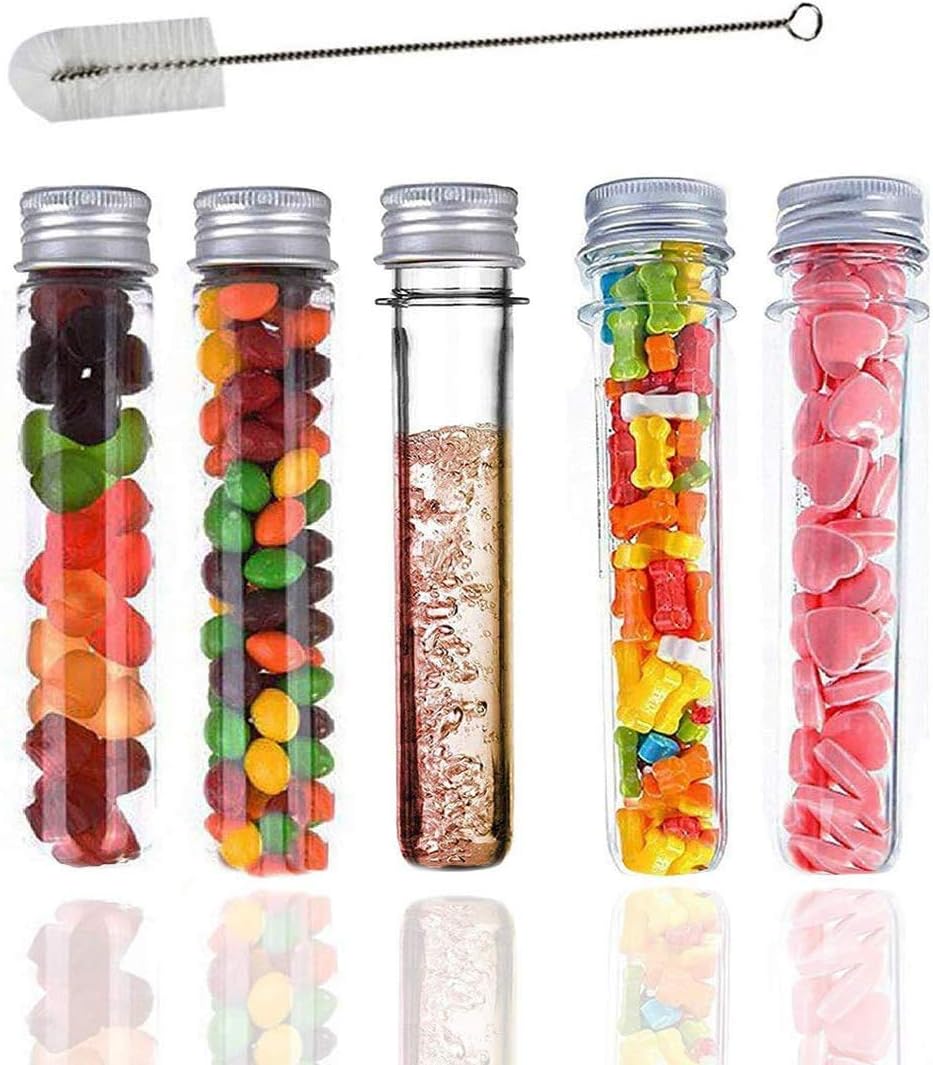 Clear Plastic Test Tubes with Screw Caps & Cleaning Brush 20PCS 40ML Transparent Container Tubes for Candy Storage, Scientific Party, Liquids, Bath Salts, Beads & Flowers
