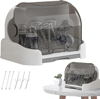 Large Milk Bottle Storage Box, Bottle Drying Rack with Cover & Removable Drain Tray, Storage Box,Dust-Proof,Clean,for Teats, Cups, Pump Home Travel