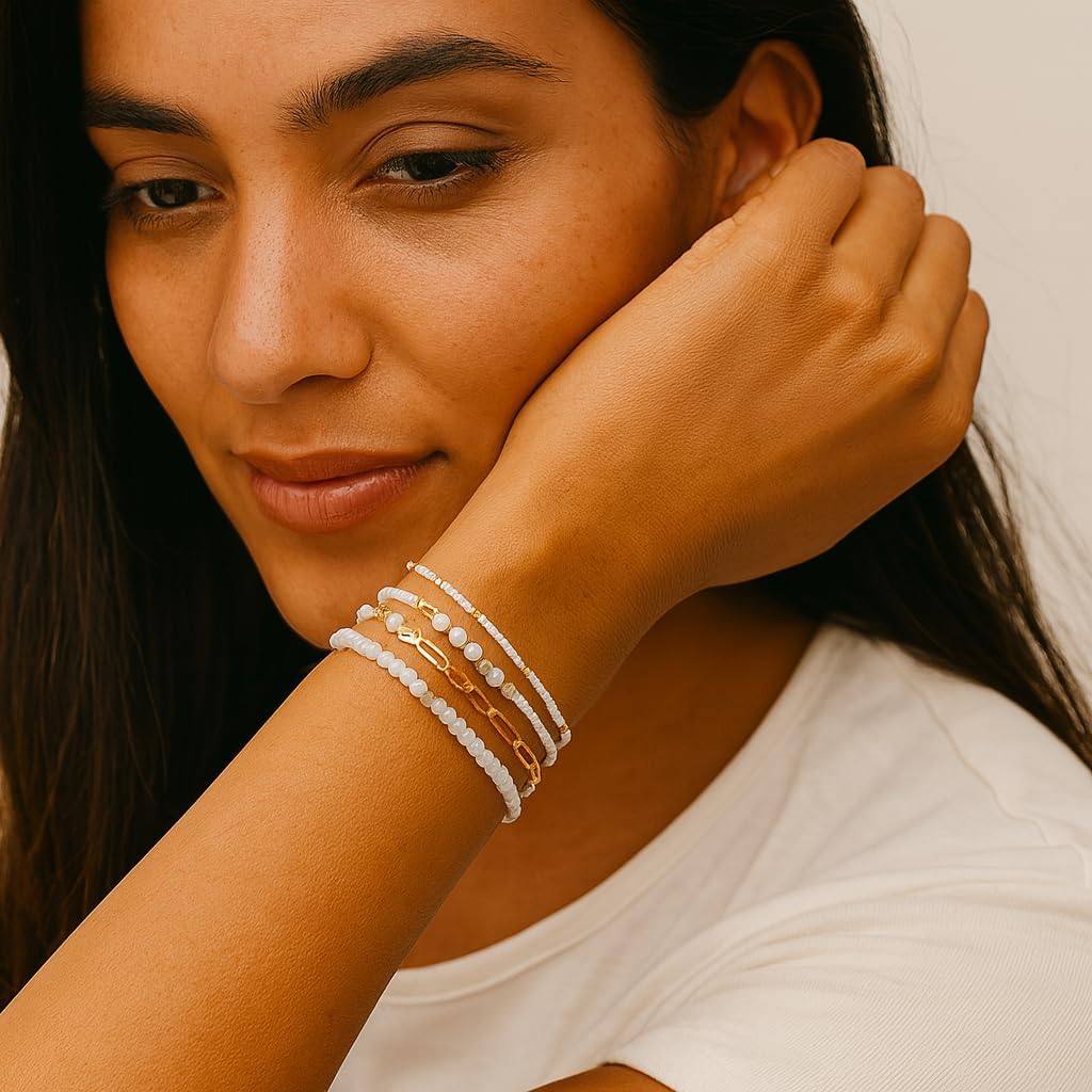 Gold Beaded Bracelet for Women,14K Plated Adjustable Stackable Link Bracelets,Non Tarnish Fashion Jewelry Set Gifts for Women Birthday Friendship - Image 2