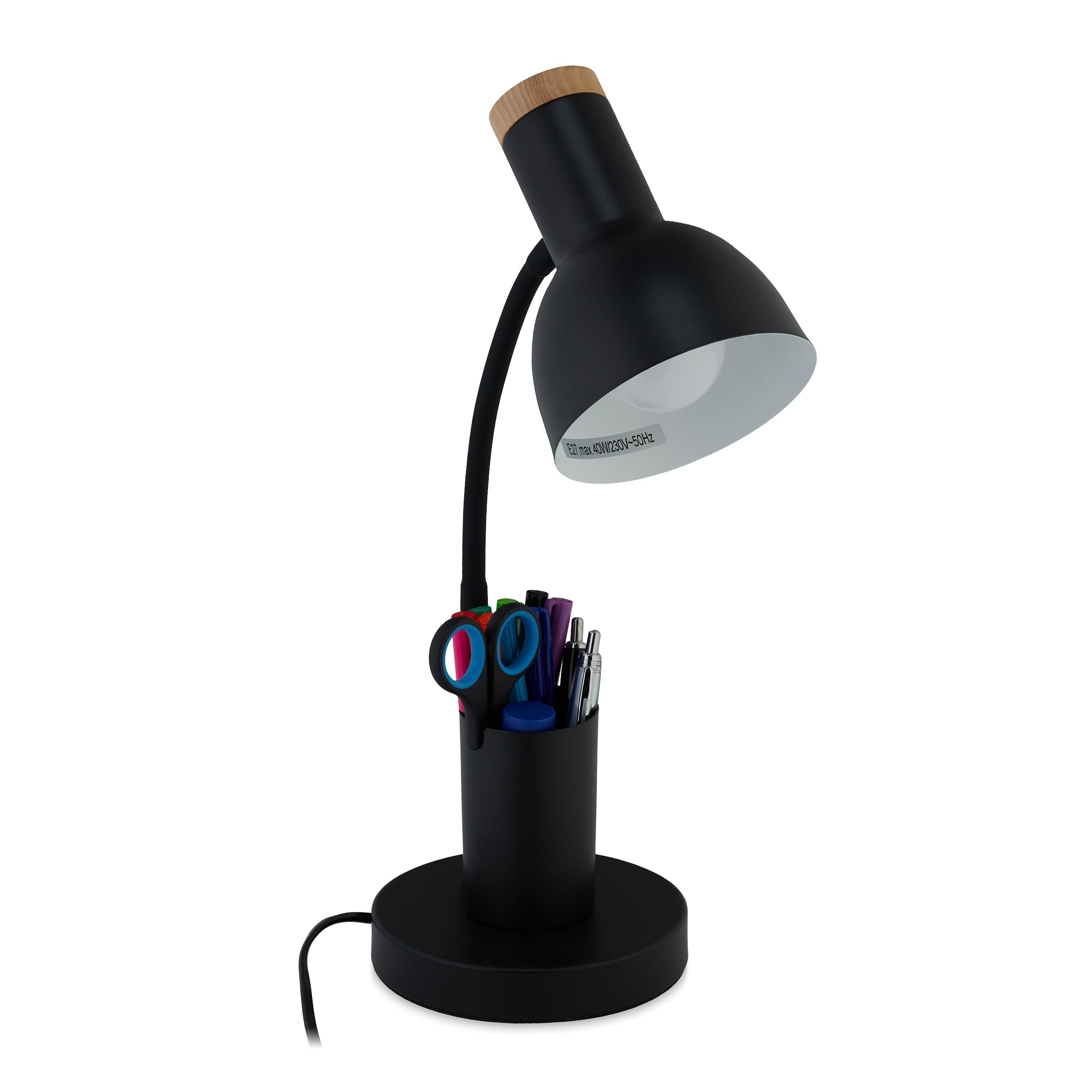 Relaxdays Lampa biurkowa, uchwyt na długopis, metalowa lampa stołowa, (wys. x szer. x gł.): 46,5 x 14,5 x 17 cm, E27, lampa biurowa z kablem, czarna