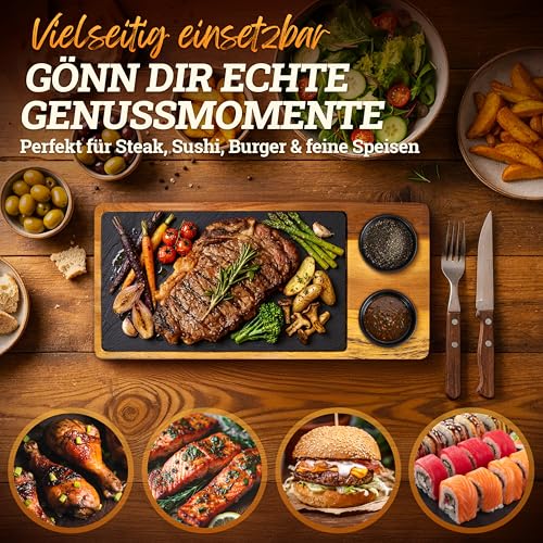 Foto von LIKAYA Steak- & Servierbrett 'Luis' 2er-Set – FSC Akazienholz mit Schieferplatte & Dipschalen – Grillbrett für Steak, Burger, Sushi BBQ-Fans