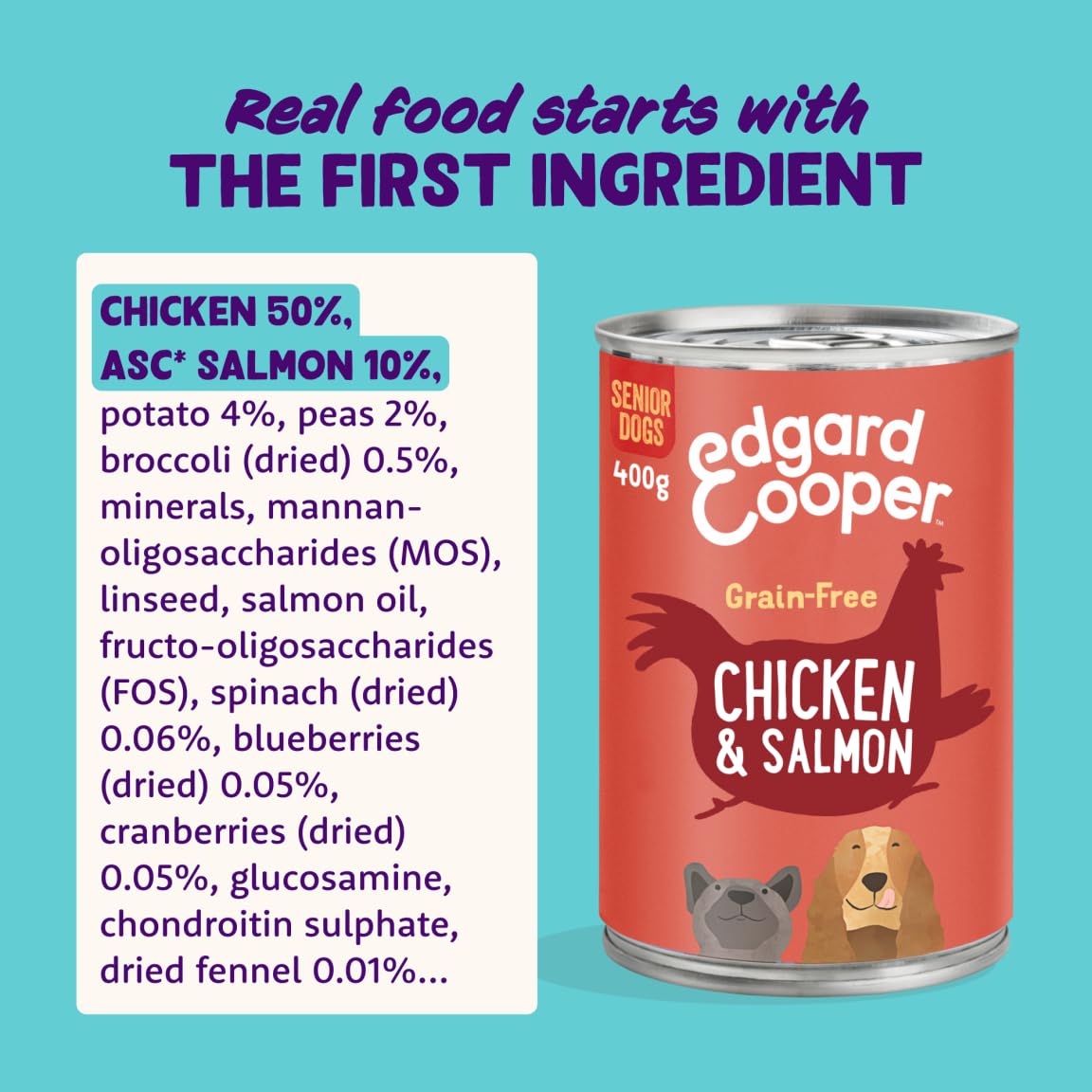 Edgard & Cooper Cibo umido per cani, Senior, (Salmone/Pollo, 400g x 6),umido cani, carne fresca e ingredienti naturali, senza cereali, ipoallergenico, senza zuccheri aggiunti