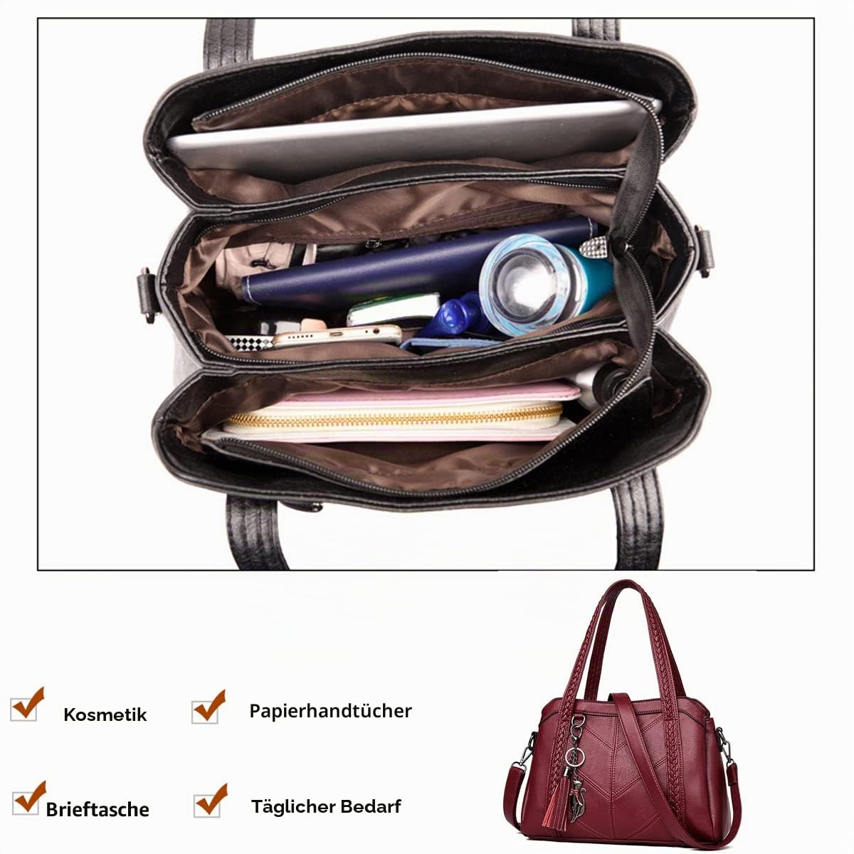 Damen Hobo Schultertasche Tasche mit Schultergurt Umhängetasche Handtasche aus PU-Leder EINWEG