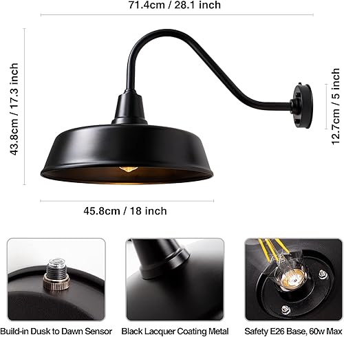 Miniatura 3 de Luces de granero de 18 pulgadas, iluminación de cuello de cisne para exteriores, luces exteriores negras del atardecer al amanecer, accesorios de