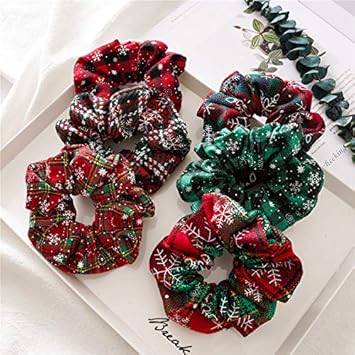 8psc Christmas Scrunchies for Hair Scrunchie Holder Ponytail Elastics Hair Ties Hair Bands Winter Snowflake Cloth Plaid Checkered Pattern Soft Cute Scrunchy Pack for Girls Women Red Green