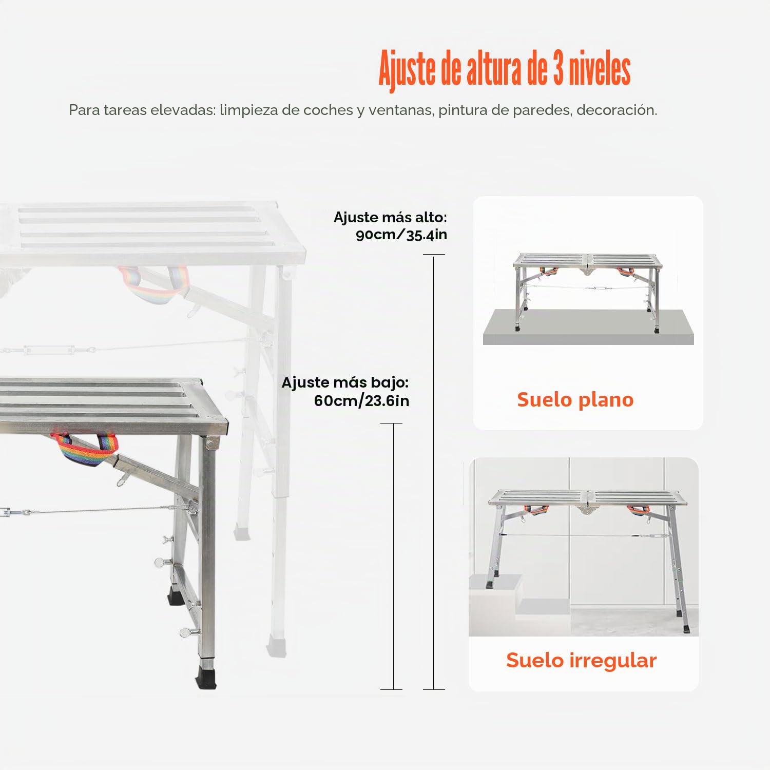 Plataforma de trabajo, escalera de aluminio, altura regulable hasta 200 kg, 60-90 cm, andamio portátil plegable, plataforma de trabajo con plataforma, banco de trabajo, escalera plegable para