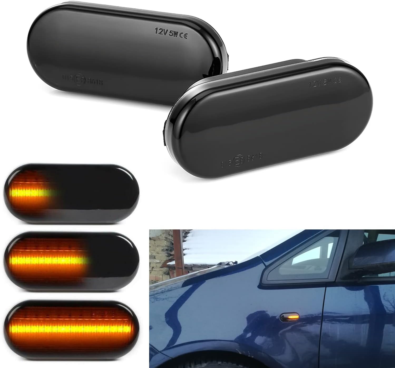 2Pcs Smoked Lens Amber LED Dynamic Side Marker Lights Turn Signal Blinker Indicator Lamp Compatible with Volkswagen Jetta MK4 Golf GTI R32 Passat B5 (Sequential Amber Blinker Light)
