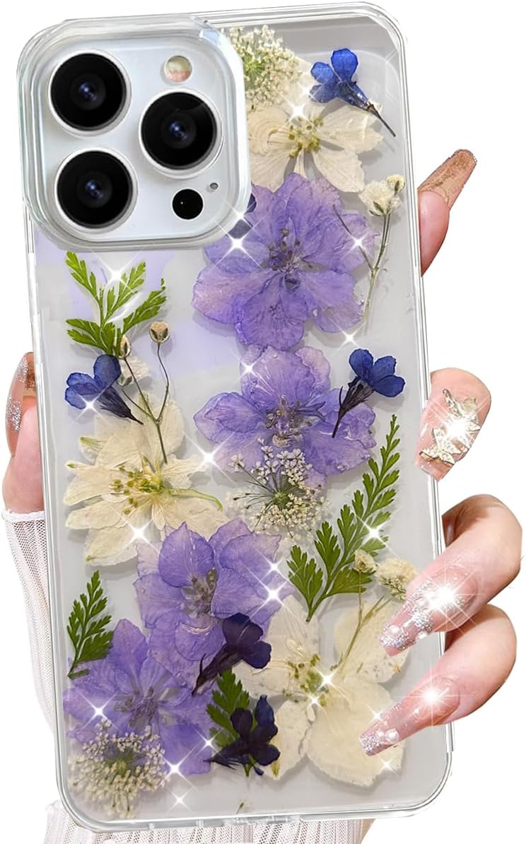 Clear Floral Case for iPhone 15 Pro Max,Cute Pressed Dried Real Flowers Design Purple White Floral Soft Silicone TPU Bumper Shockproof Women Girls Protective Case for iPhone 15 Pro Max