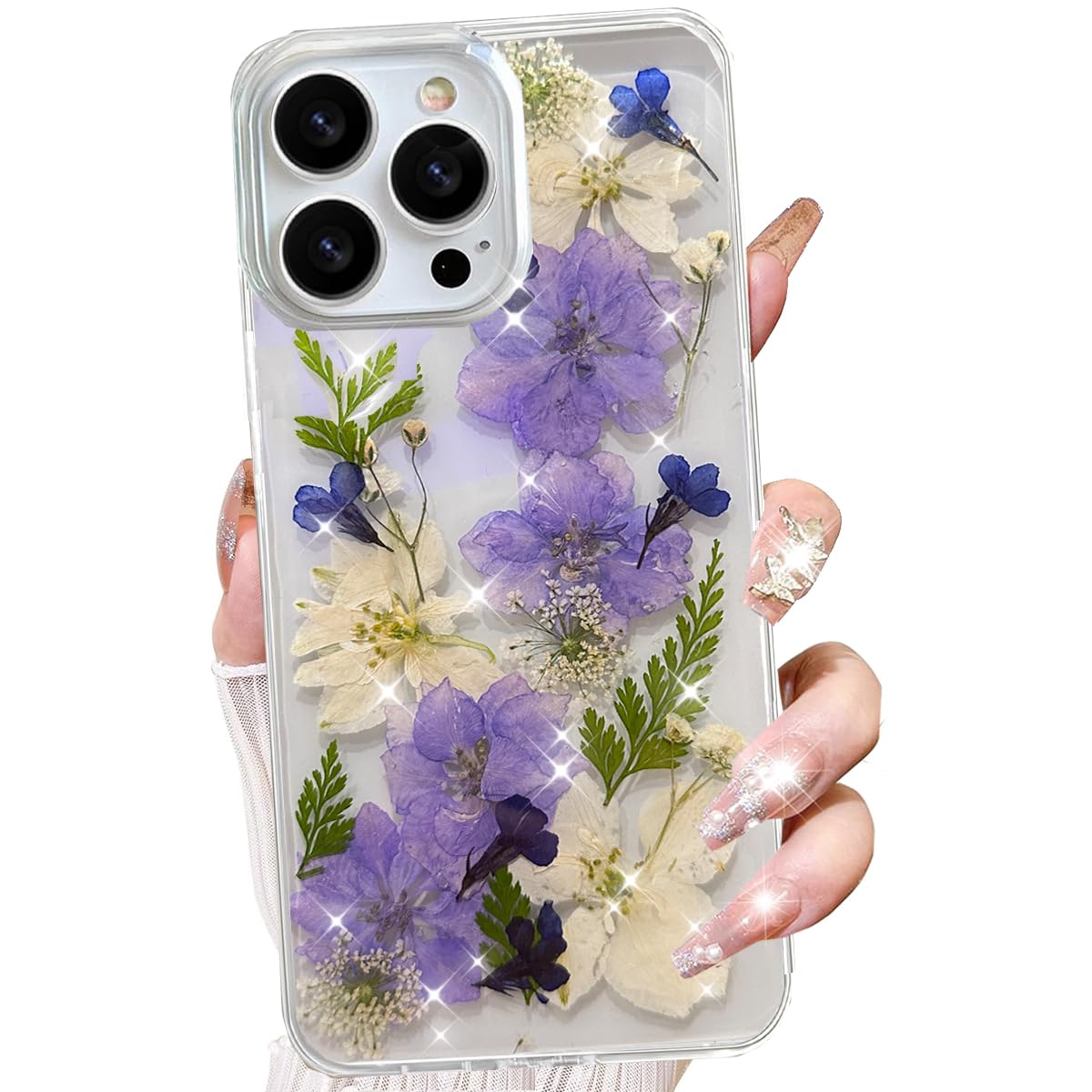 Changjia for iPhone 16 Pro Max Clear Glitter Floral Case,Cute Pressed Real Flowers Design Bling Sparkly White Floral Soft TPU Shockproof Protective