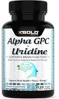 Alpha GPC Choline 600mg + Uridine Monophosphate 300mg-2-in-1 Nootropic Supplement Helps Boost Focus, Energy & Cognitive Performance -Potent Mood Enhancer & Brain Focus Supplements -120 Veggie Capsules