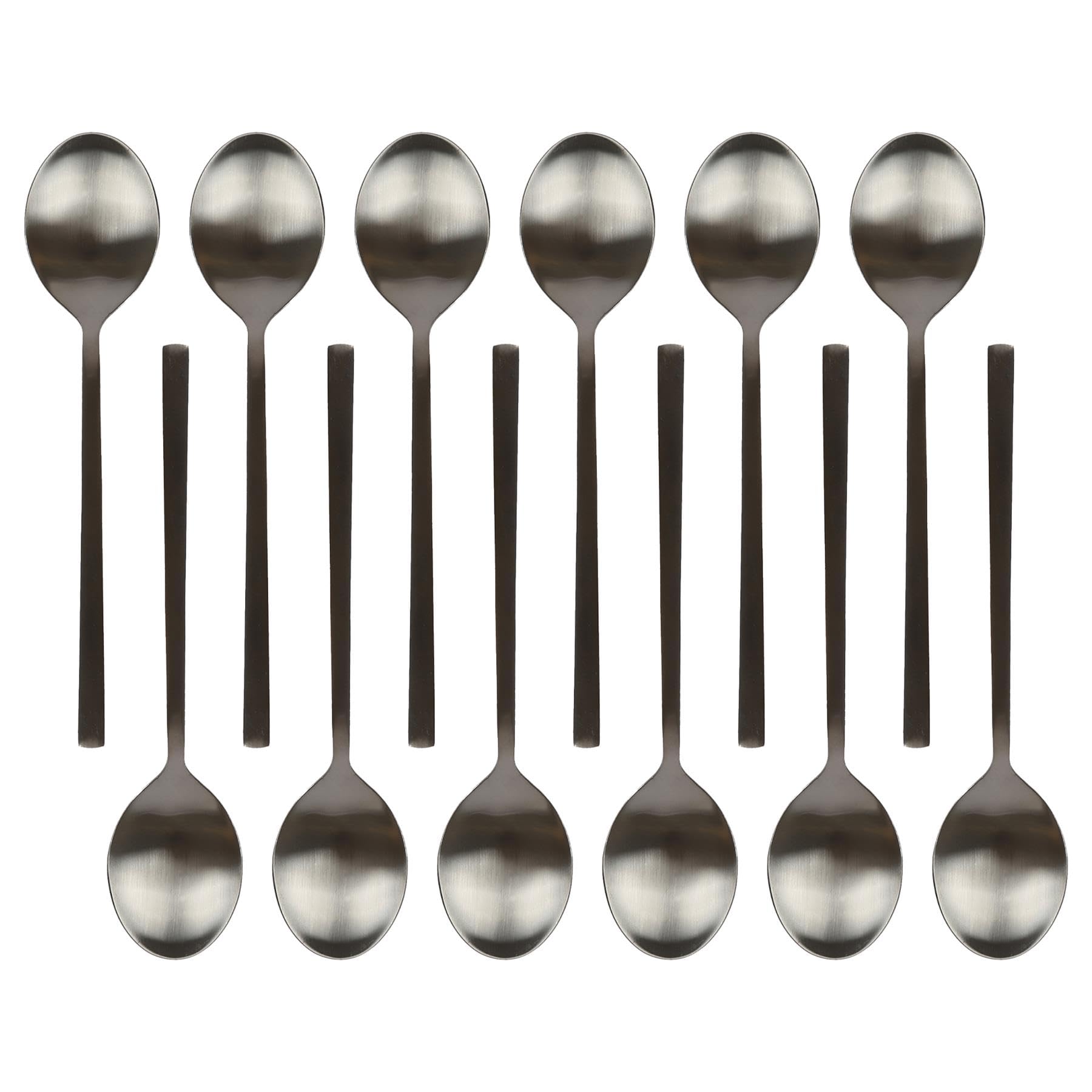 Argon Tableware 12 Stainless Steel Dessert Spoons – 20cm Matte Black Finish Modern Cutlery Set for Dining, Puddings & Desserts – Stylish Dishwasher Safe Tableware