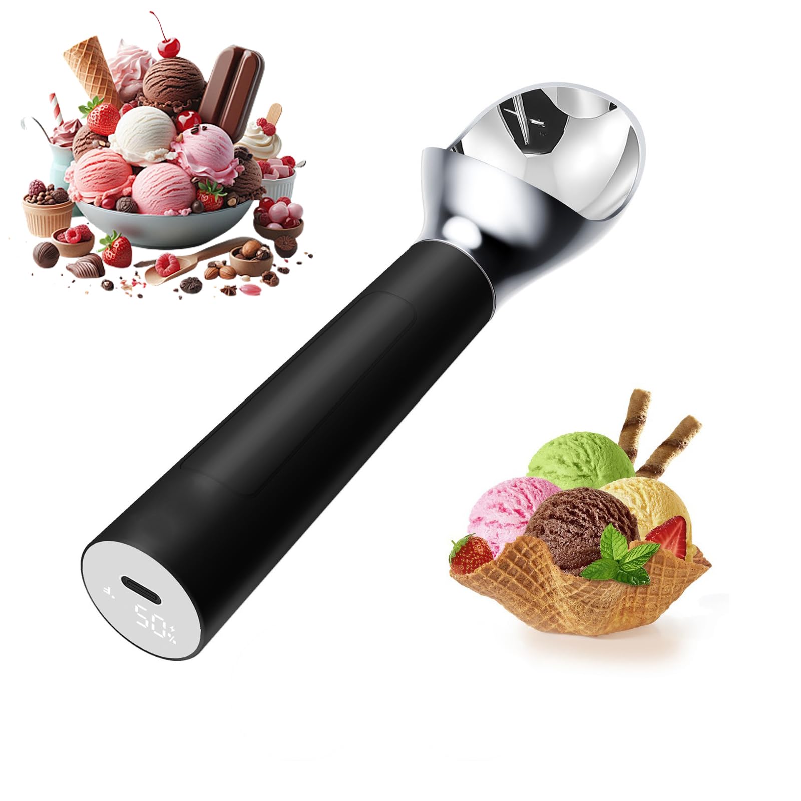Cuillère à glace chauffante, cuillère électrique avec écran LED, chauffage portable jusqu'à 70 °C, étanche IP67, rechargeable par USB pour un usage domestique et professionnel