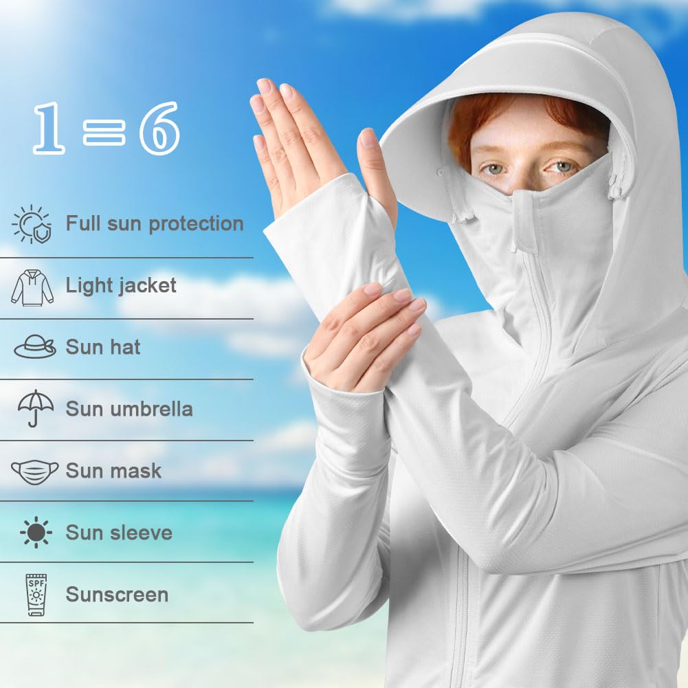 AUYAO UPF50+ Veste à Capuche Femme, Vestes de Sport Protection Solaire Respirant avec Poches, Sweat a Capuche Manches Longues, Chemise Anti UV Ete Femme Homme pour Running, Jogging, Baignade(M-L) - 5